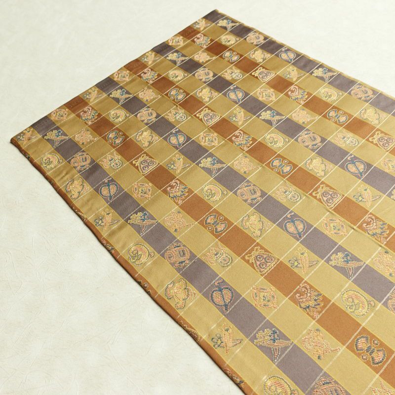 名古屋帯 全通柄 正絹 チェック・格子柄 通し仕立て なごや帯 リサイクル帯 帯 カジュアル 黄・黄土色_画像17