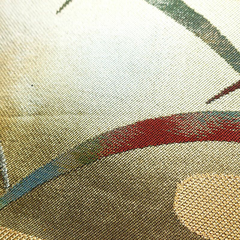 名古屋帯 太鼓柄 正絹 木の葉・植物柄 名古屋仕立て なごや帯 リサイクル帯 帯 芝 引箔 金・銀_画像6