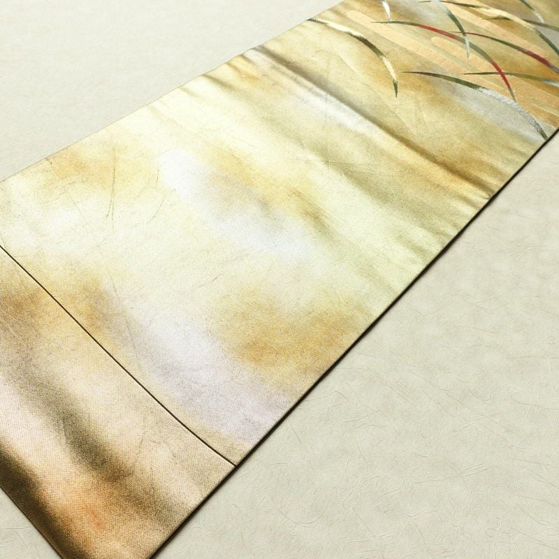 名古屋帯 太鼓柄 正絹 木の葉・植物柄 名古屋仕立て なごや帯 リサイクル帯 帯 芝 引箔 金・銀_画像8