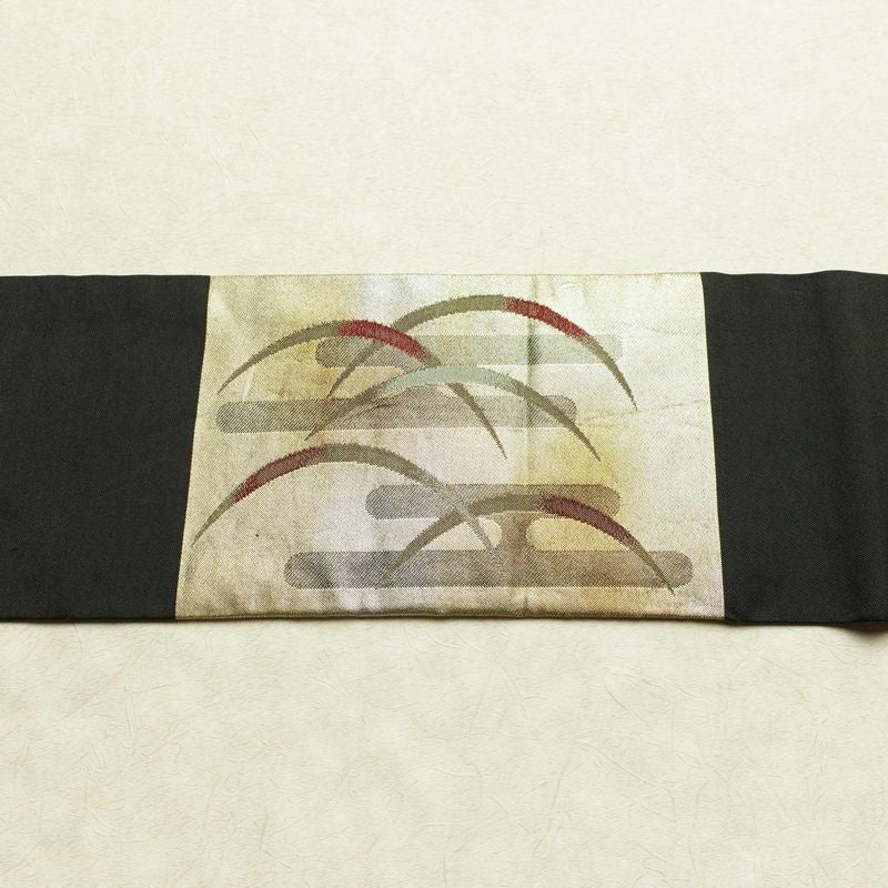 名古屋帯 太鼓柄 正絹 木の葉・植物柄 名古屋仕立て なごや帯 リサイクル帯 帯 芝 引箔 金・銀_画像13