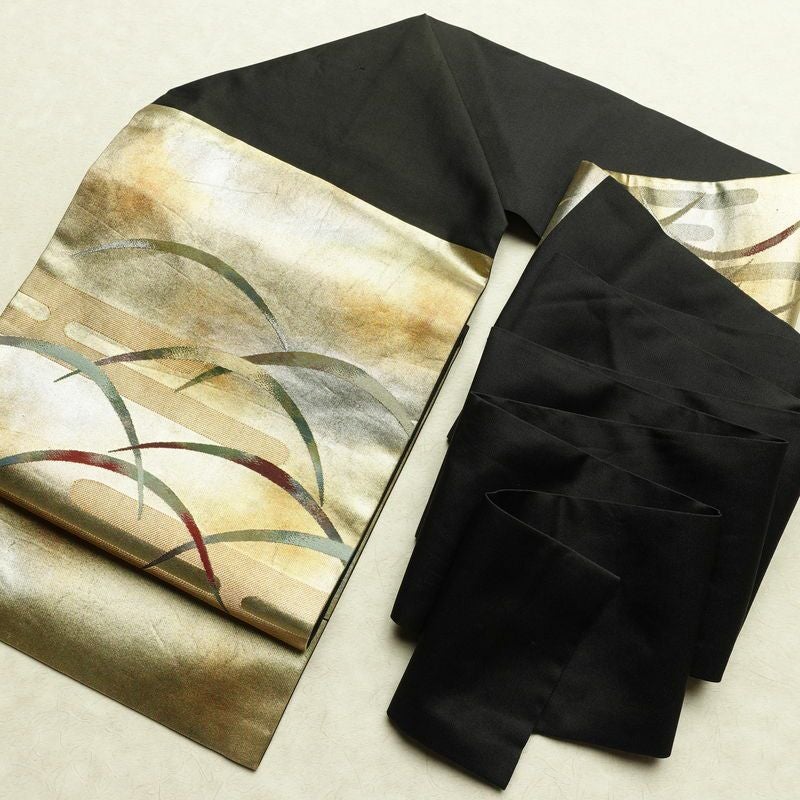 名古屋帯 太鼓柄 正絹 木の葉・植物柄 名古屋仕立て なごや帯 リサイクル帯 帯 芝 引箔 金・銀_画像16