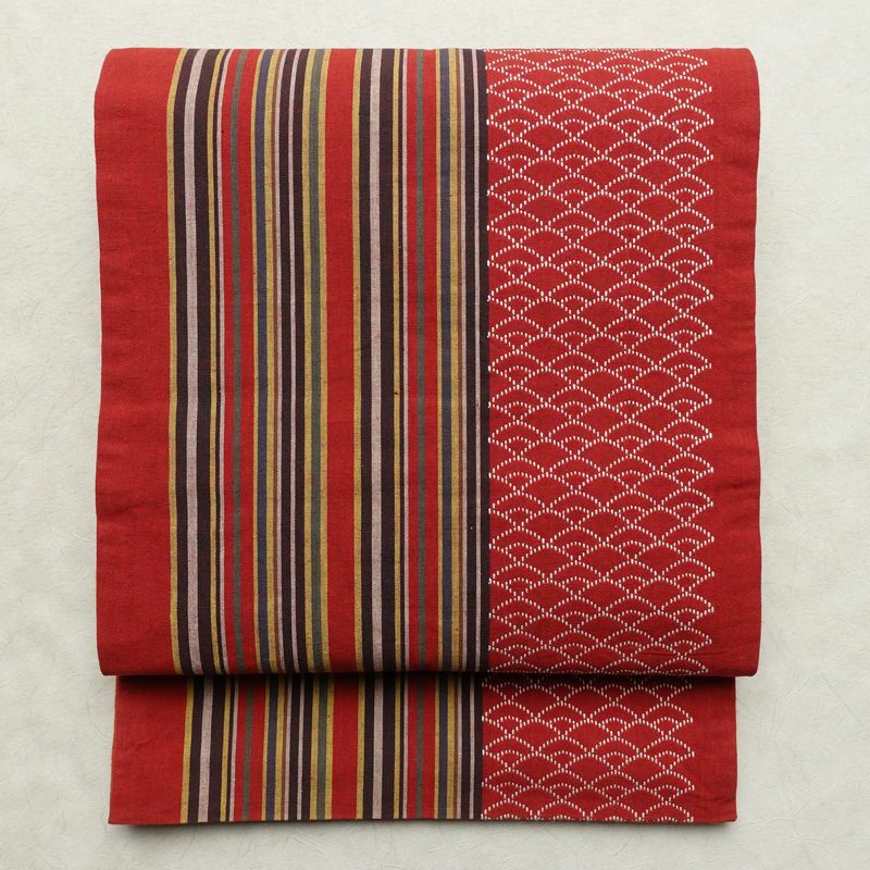 名古屋帯 全通柄 良品 正絹 縞柄・線柄 通し仕立て なごや帯 リサイクル帯 帯 カジュアル 赤・朱_画像1