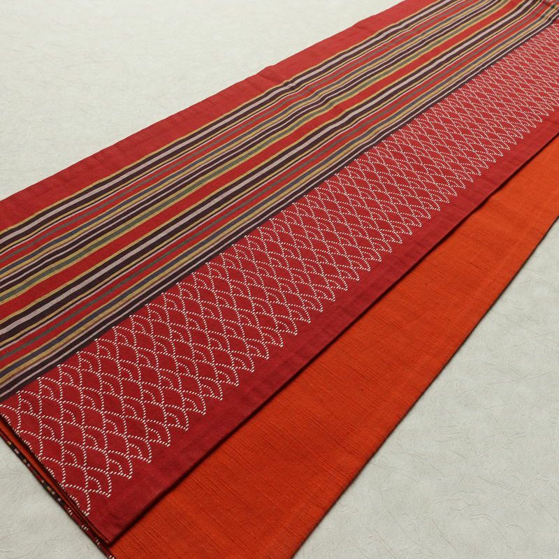 名古屋帯 全通柄 良品 正絹 縞柄・線柄 通し仕立て なごや帯 リサイクル帯 帯 カジュアル 赤・朱_画像8