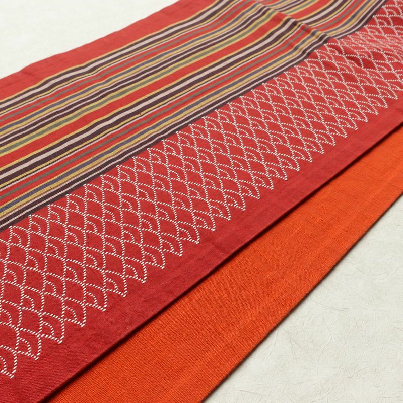 名古屋帯 全通柄 良品 正絹 縞柄・線柄 通し仕立て なごや帯 リサイクル帯 帯 カジュアル 赤・朱_画像12