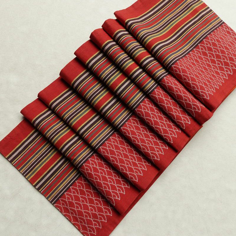 名古屋帯 全通柄 良品 正絹 縞柄・線柄 通し仕立て なごや帯 リサイクル帯 帯 カジュアル 赤・朱_画像18