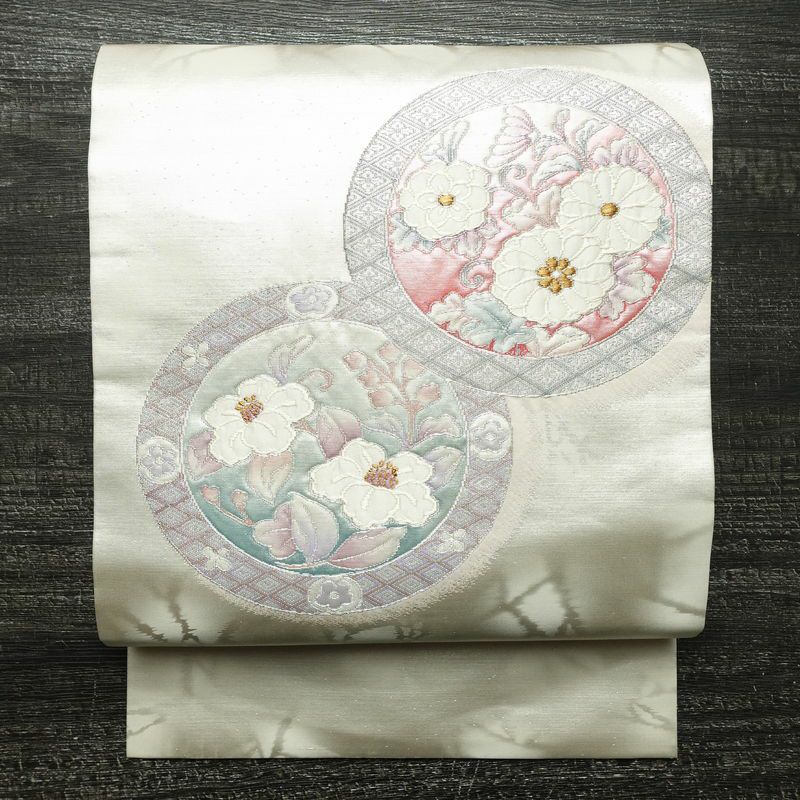 名古屋帯 太鼓柄 正絹 花柄 名古屋仕立て なごや帯 リサイクル帯 帯 箔 ピンク_画像1