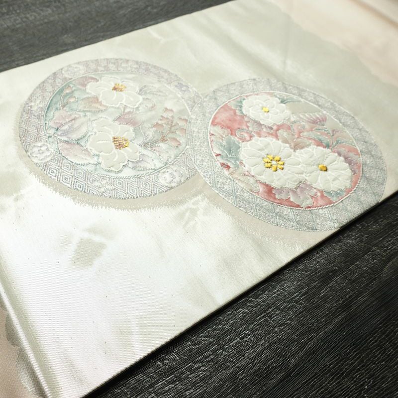 名古屋帯 太鼓柄 正絹 花柄 名古屋仕立て なごや帯 リサイクル帯 帯 箔 ピンク_画像11
