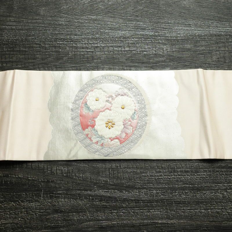 名古屋帯 太鼓柄 正絹 花柄 名古屋仕立て なごや帯 リサイクル帯 帯 箔 ピンク_画像13