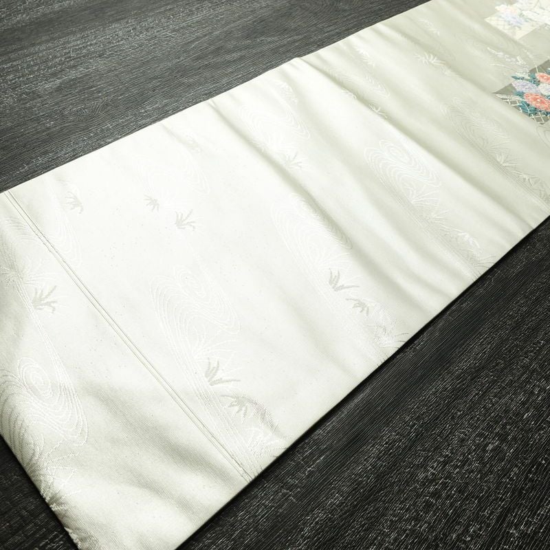 名古屋帯 プラチナ箔 太鼓柄 良品 正絹 花柄 名古屋仕立て なごや帯 リサイクル帯 帯 箔 上品 金・銀_画像8