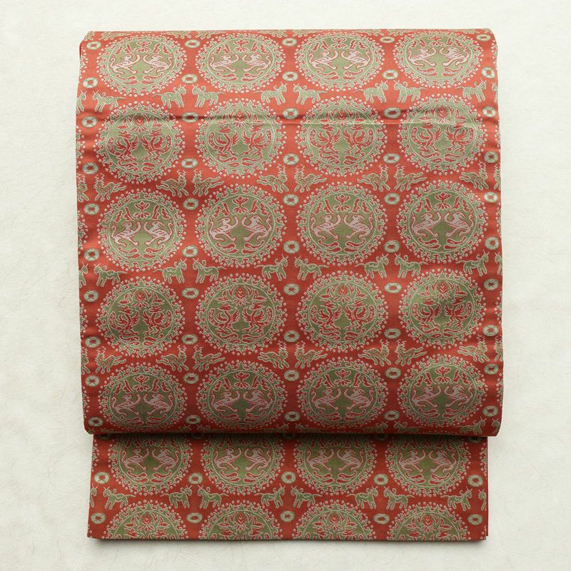 名古屋帯 全通柄 良品 正絹 幾何学柄・抽象柄 通し仕立て なごや帯 リサイクル帯 帯 カジュアル 赤・朱_画像1