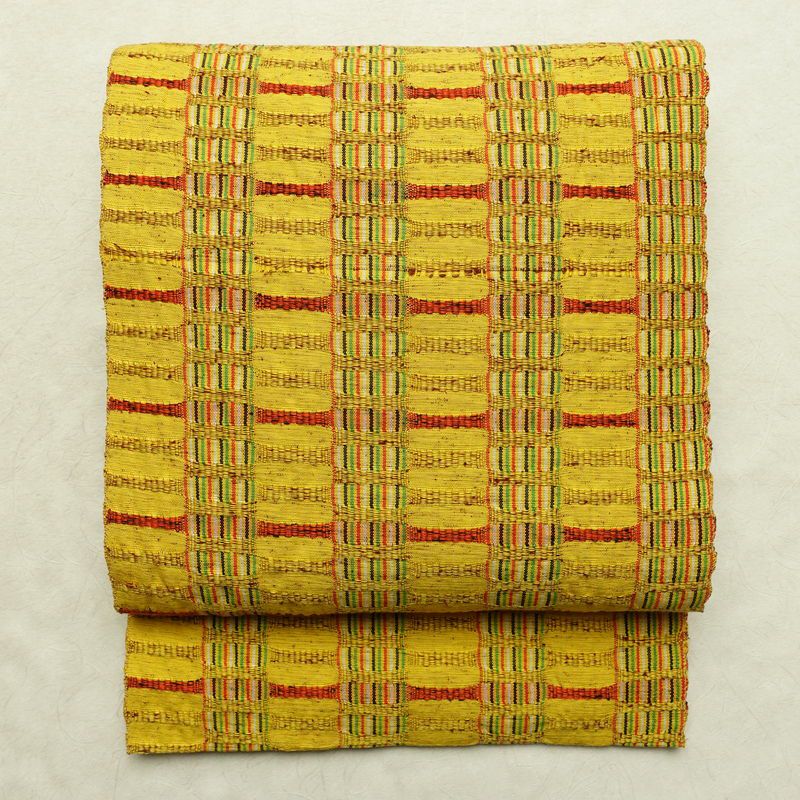 名古屋帯 全通柄 良品 正絹 縞柄・線柄 通し仕立て なごや帯 リサイクル帯 帯 カジュアル 黄・黄土色_画像1