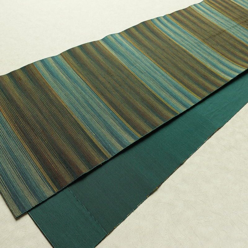 名古屋帯 六通柄 正絹 縞柄・線柄 通し仕立て なごや帯 リサイクル帯 帯 カジュアル 緑・うぐいす色_画像8