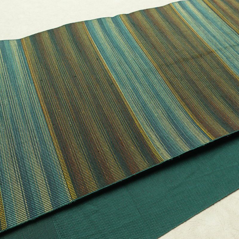 名古屋帯 六通柄 正絹 縞柄・線柄 通し仕立て なごや帯 リサイクル帯 帯 カジュアル 緑・うぐいす色_画像12