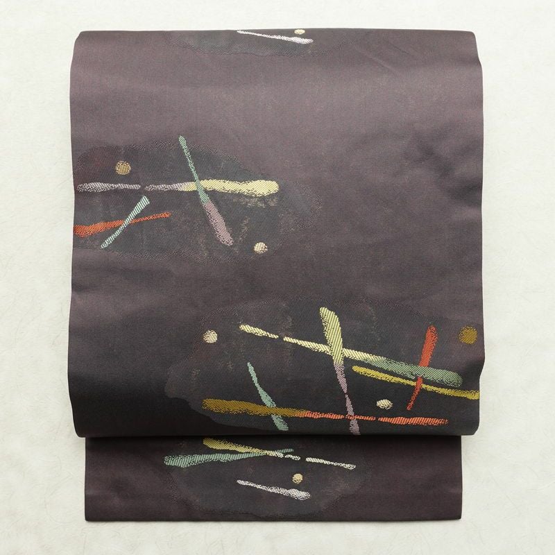 名古屋帯 六通柄 良品 正絹 幾何学柄・抽象柄 名古屋仕立て なごや帯 リサイクル帯 帯 モダン 紫・藤色_画像1