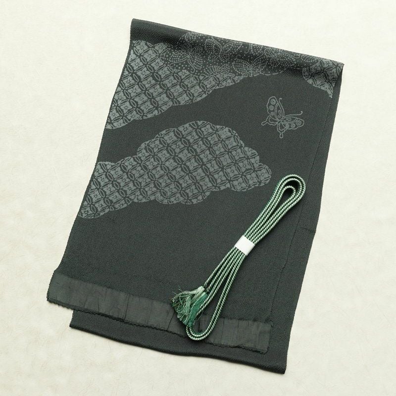 帯揚げ帯締めセット 良品 セット品 縮緬 正絹 蝶・昆虫柄 和装小物 緑・うぐいす色_画像1