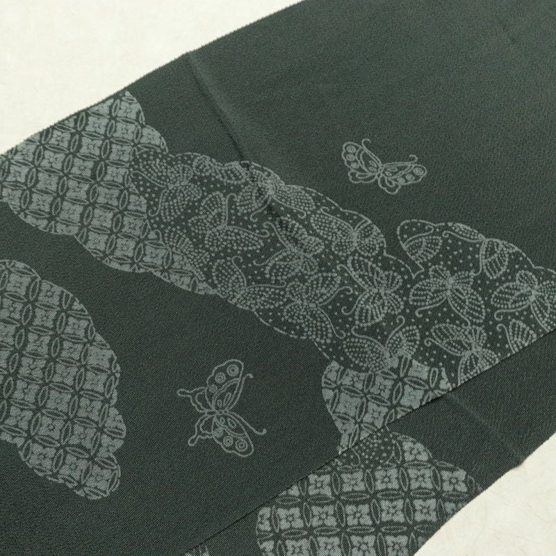 帯揚げ帯締めセット 良品 セット品 縮緬 正絹 蝶・昆虫柄 和装小物 緑・うぐいす色_画像3