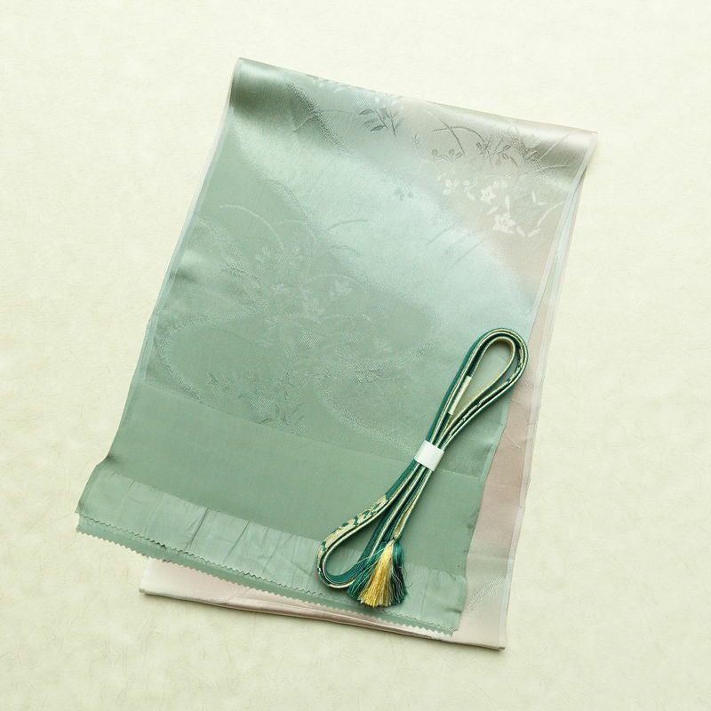 帯揚げ帯締めセット 良品 セット品 平組 正絹 木の葉・植物柄 フォーマル 和装小物 緑・うぐいす色_画像1