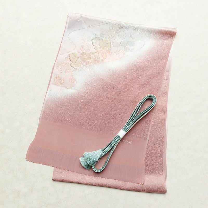 帯揚げ帯締めセット 良品 セット品 丹後ちりめん 平組 正絹 花柄 金糸 流水 フォーマル ピンク_画像1