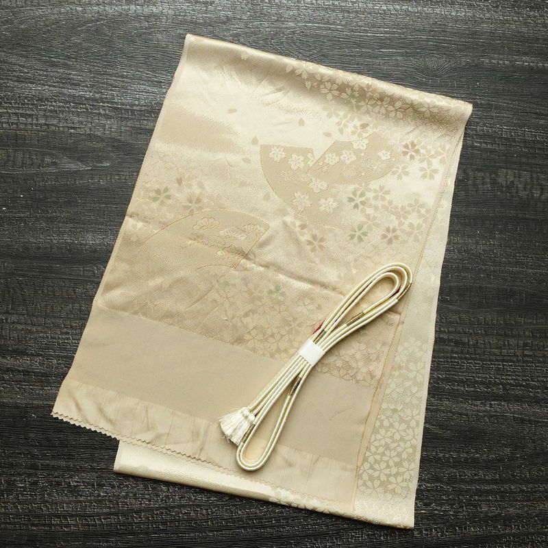 帯揚げ帯締めセット セット品 綸子 正絹 花柄 扇面 桜 ベージュ_画像1