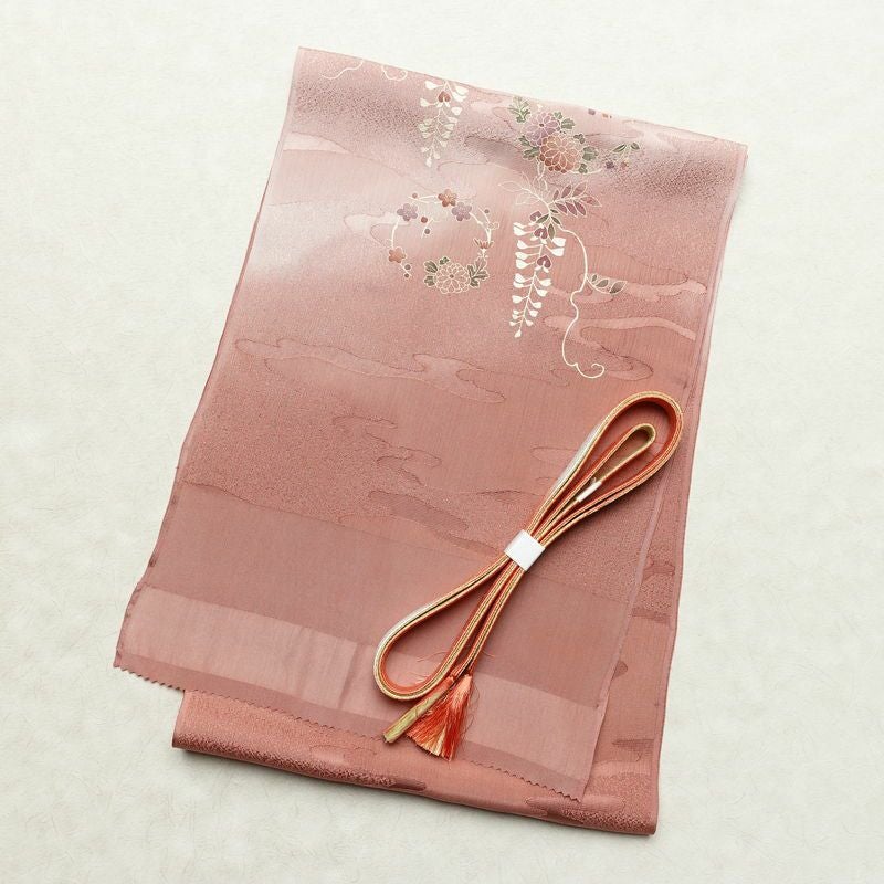 帯揚げ帯締めセット 良品 セット品 平組 正絹 花柄 箔 フォーマル くすみピンク サーモンピンク ピンク_画像1