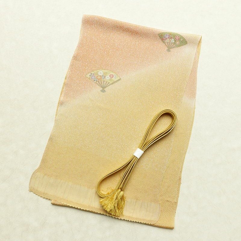 帯揚げ帯締めセット セット品 縮緬 正絹 古典柄 金彩 フォーマル 扇子 和装小物 黄・黄土色_画像1