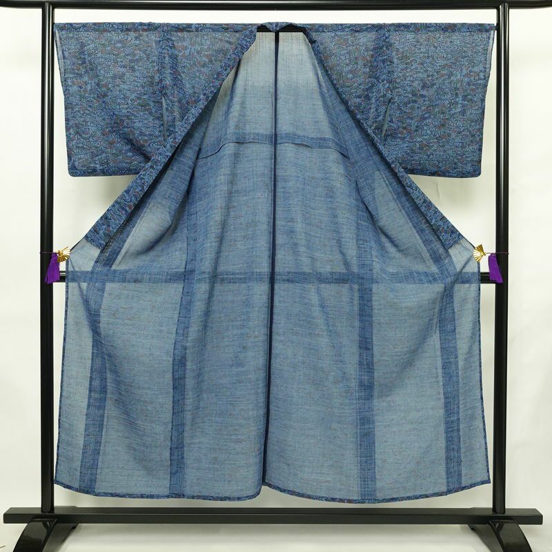 盛夏 良品 夏用 バチ衿仕立て ポリエステル 古典柄 単衣仕立て 身丈151cm 裄丈68cm リサイクル着物 着物 青・紺_画像3