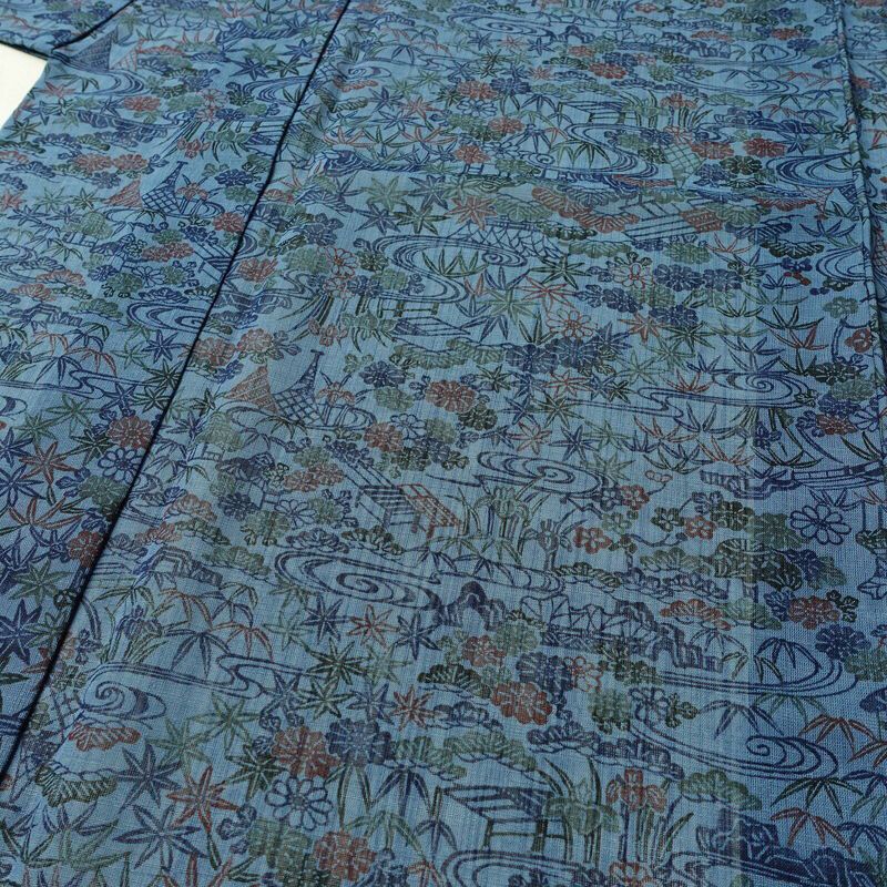 盛夏 良品 夏用 バチ衿仕立て ポリエステル 古典柄 単衣仕立て 身丈151cm 裄丈68cm リサイクル着物 着物 青・紺_画像6