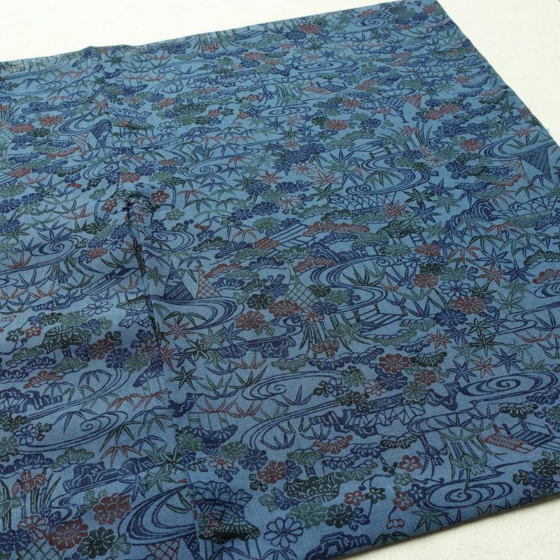 盛夏 良品 夏用 バチ衿仕立て ポリエステル 古典柄 単衣仕立て 身丈151cm 裄丈68cm リサイクル着物 着物 青・紺_画像14