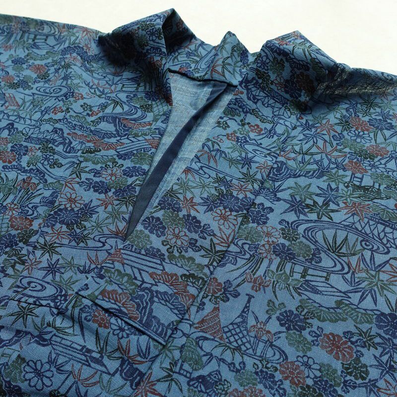 盛夏 良品 夏用 バチ衿仕立て ポリエステル 古典柄 単衣仕立て 身丈151cm 裄丈68cm リサイクル着物 着物 青・紺_画像17