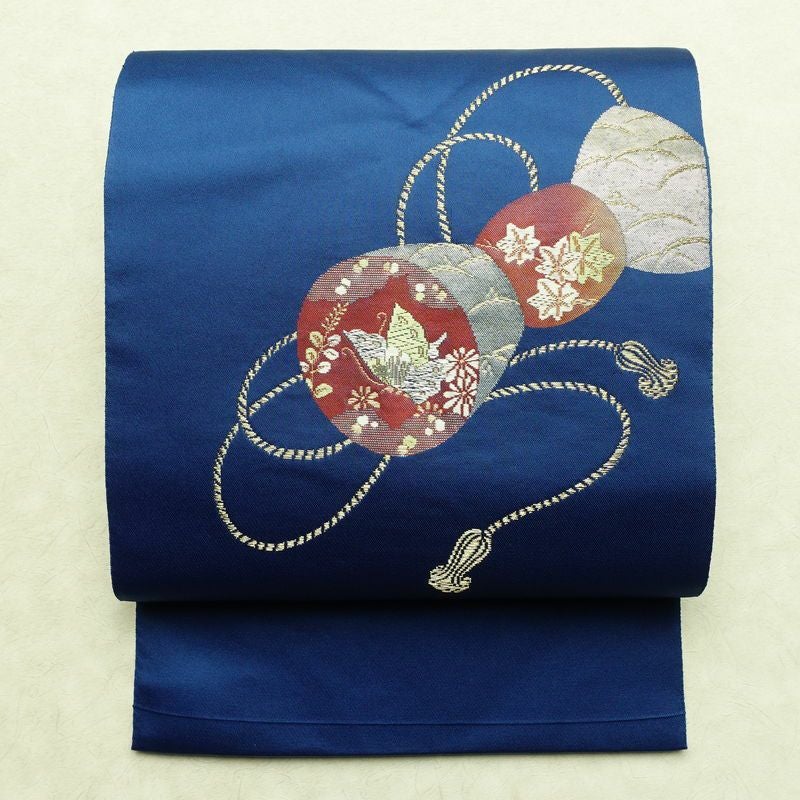 名古屋帯 太鼓柄 ポリエステル 古典柄 名古屋仕立て なごや帯 リサイクル帯 帯 箔 金糸 青・紺_画像1