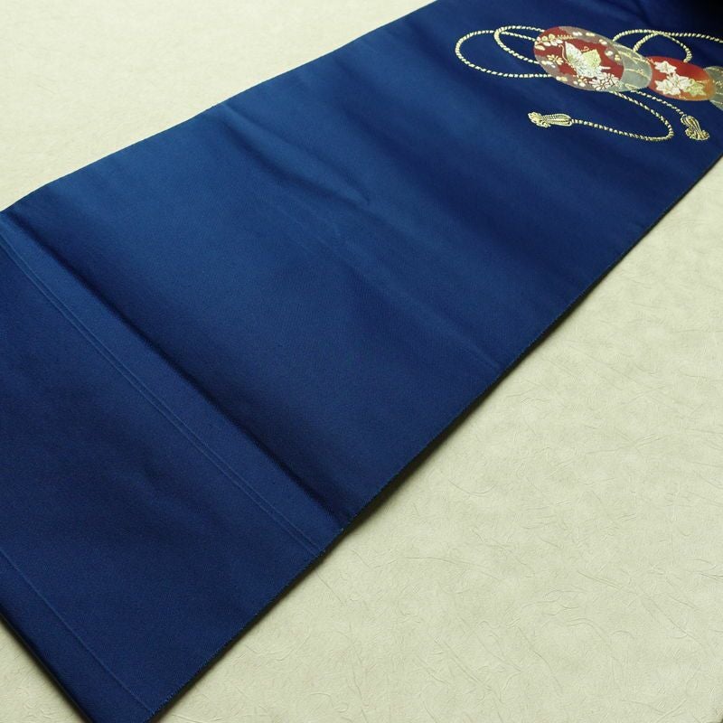 名古屋帯 太鼓柄 ポリエステル 古典柄 名古屋仕立て なごや帯 リサイクル帯 帯 箔 金糸 青・紺_画像9