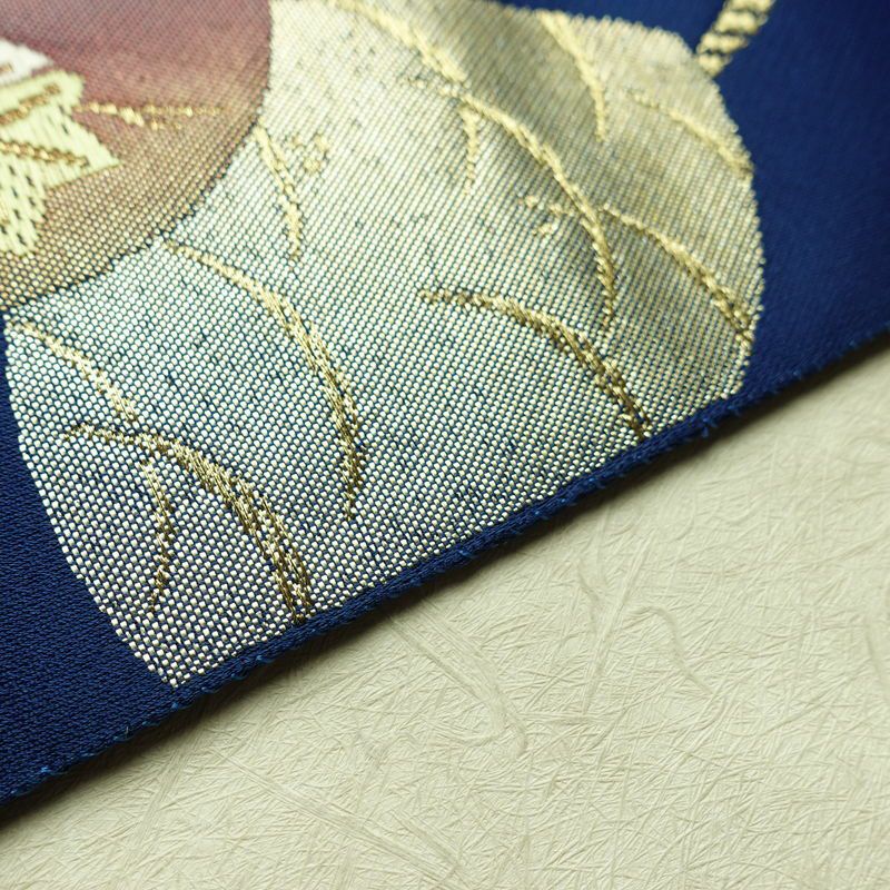 名古屋帯 太鼓柄 ポリエステル 古典柄 名古屋仕立て なごや帯 リサイクル帯 帯 箔 金糸 青・紺_画像13