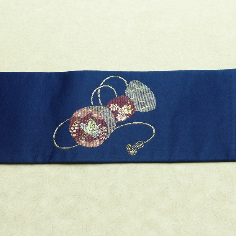 名古屋帯 太鼓柄 ポリエステル 古典柄 名古屋仕立て なごや帯 リサイクル帯 帯 箔 金糸 青・紺_画像15