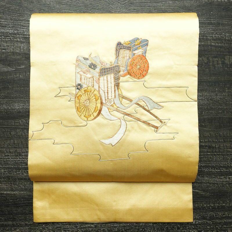 名古屋帯 太鼓柄 金駒刺繍 正絹 古典柄 名古屋仕立て なごや帯 リサイクル帯 帯 刺繍 御所車 クリーム_画像1