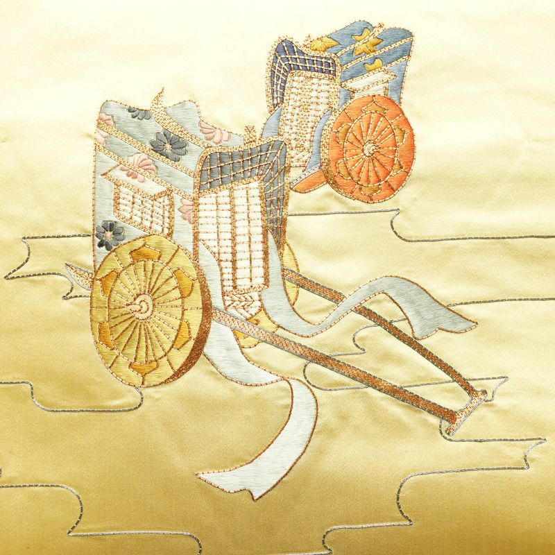 名古屋帯 太鼓柄 金駒刺繍 正絹 古典柄 名古屋仕立て なごや帯 リサイクル帯 帯 刺繍 御所車 クリーム_画像2