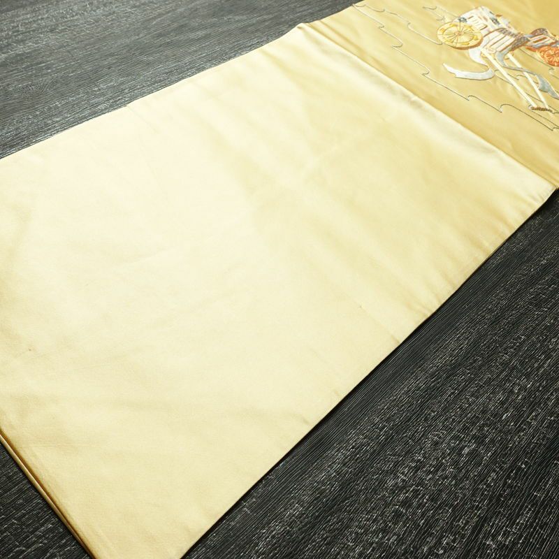 名古屋帯 太鼓柄 金駒刺繍 正絹 古典柄 名古屋仕立て なごや帯 リサイクル帯 帯 刺繍 御所車 クリーム_画像8