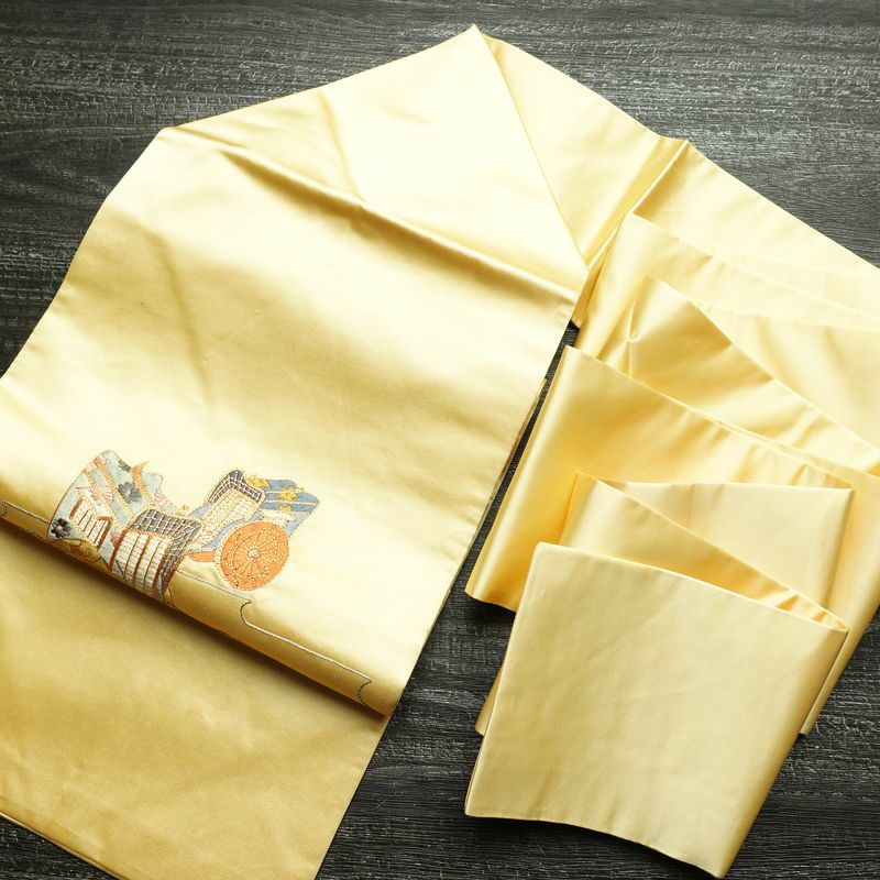 名古屋帯 太鼓柄 金駒刺繍 正絹 古典柄 名古屋仕立て なごや帯 リサイクル帯 帯 刺繍 御所車 クリーム_画像20