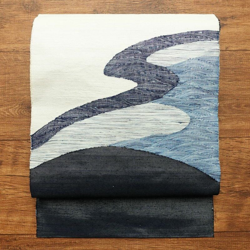 名古屋帯 太鼓柄 良品 正絹 流水・波柄 松葉仕立て なごや帯 リサイクル帯 帯 紬地 多色使い_画像1