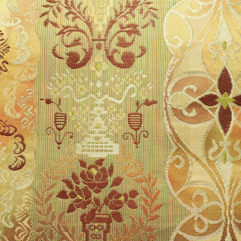 名古屋帯 六通柄 正絹 幾何学柄・抽象柄 松葉仕立て なごや帯 リサイクル帯 帯 黄・黄土色_画像2