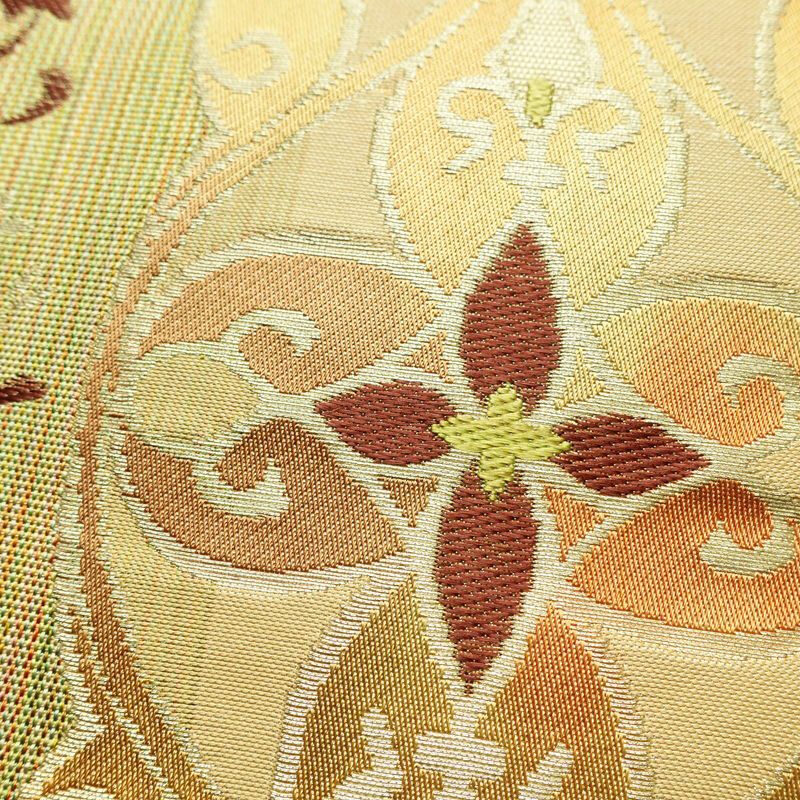 名古屋帯 六通柄 正絹 幾何学柄・抽象柄 松葉仕立て なごや帯 リサイクル帯 帯 黄・黄土色_画像5