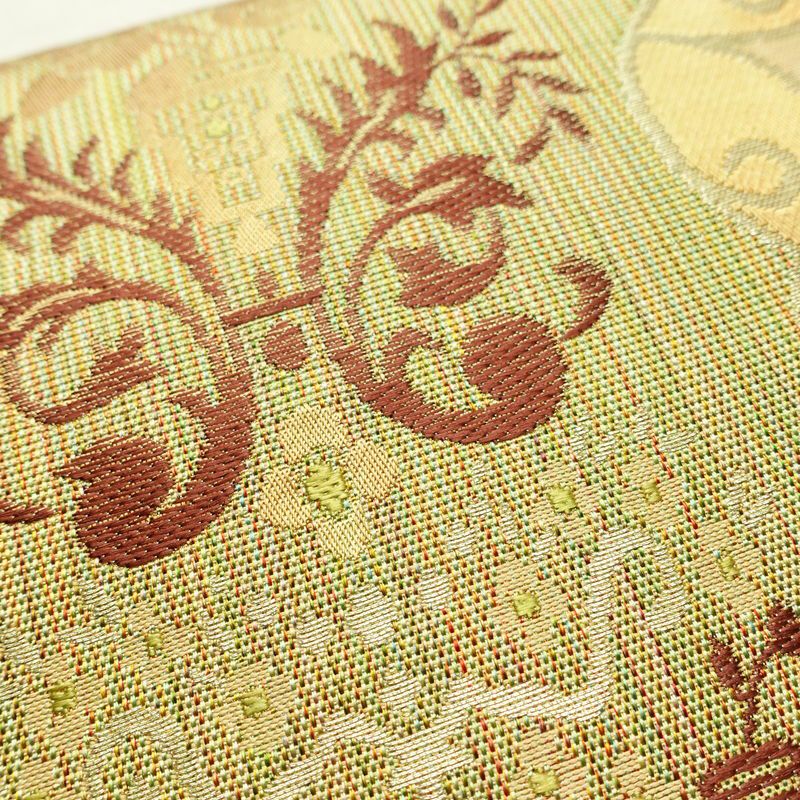 名古屋帯 六通柄 正絹 幾何学柄・抽象柄 松葉仕立て なごや帯 リサイクル帯 帯 黄・黄土色_画像6