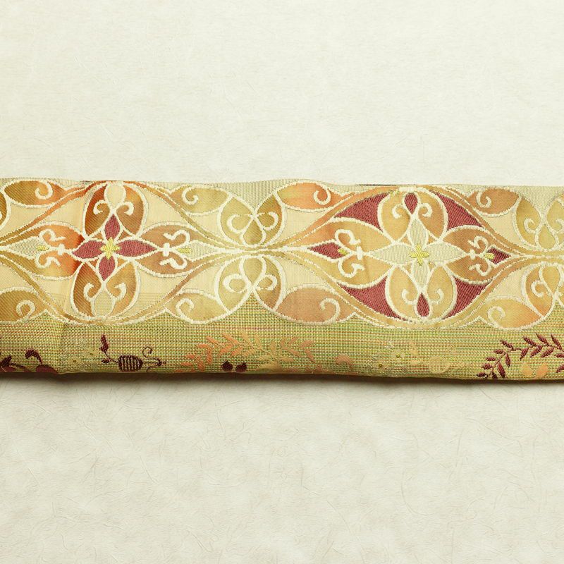 名古屋帯 六通柄 正絹 幾何学柄・抽象柄 松葉仕立て なごや帯 リサイクル帯 帯 黄・黄土色_画像15