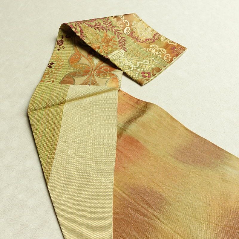 名古屋帯 六通柄 正絹 幾何学柄・抽象柄 松葉仕立て なごや帯 リサイクル帯 帯 黄・黄土色_画像17