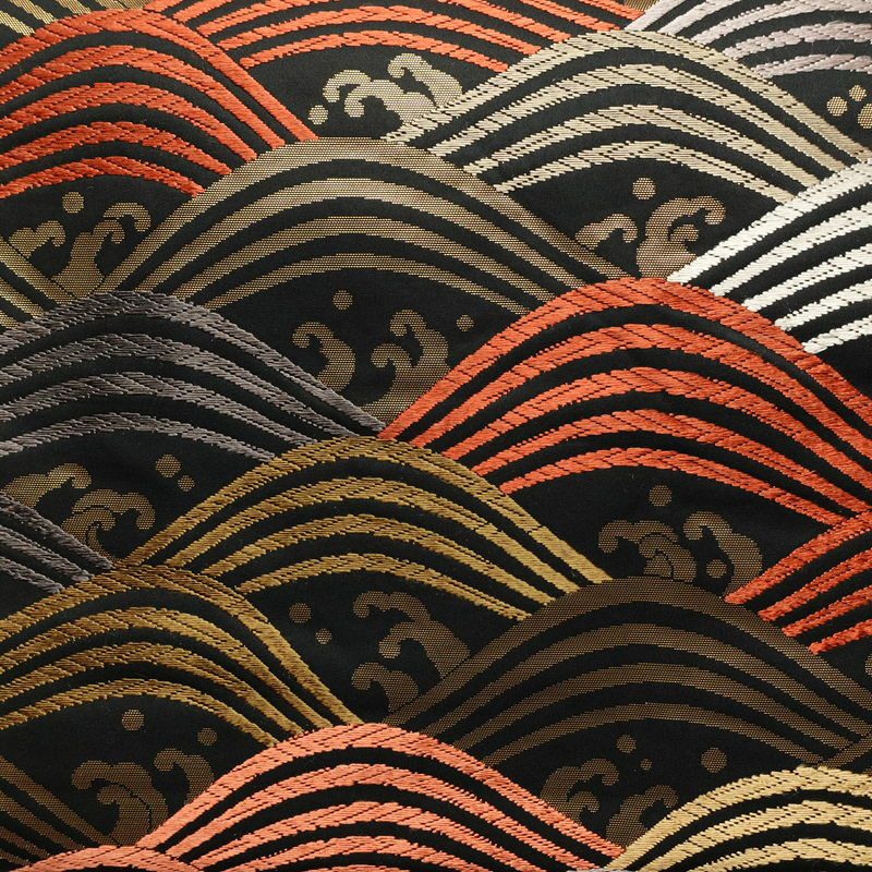 名古屋帯 六通柄 正絹 流水・波柄 通し仕立て なごや帯 リサイクル帯 帯 箔 黒_画像2