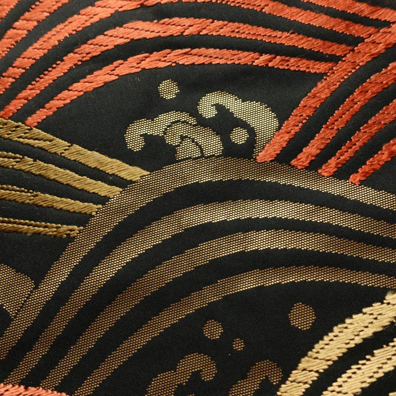 名古屋帯 六通柄 正絹 流水・波柄 通し仕立て なごや帯 リサイクル帯 帯 箔 黒_画像3