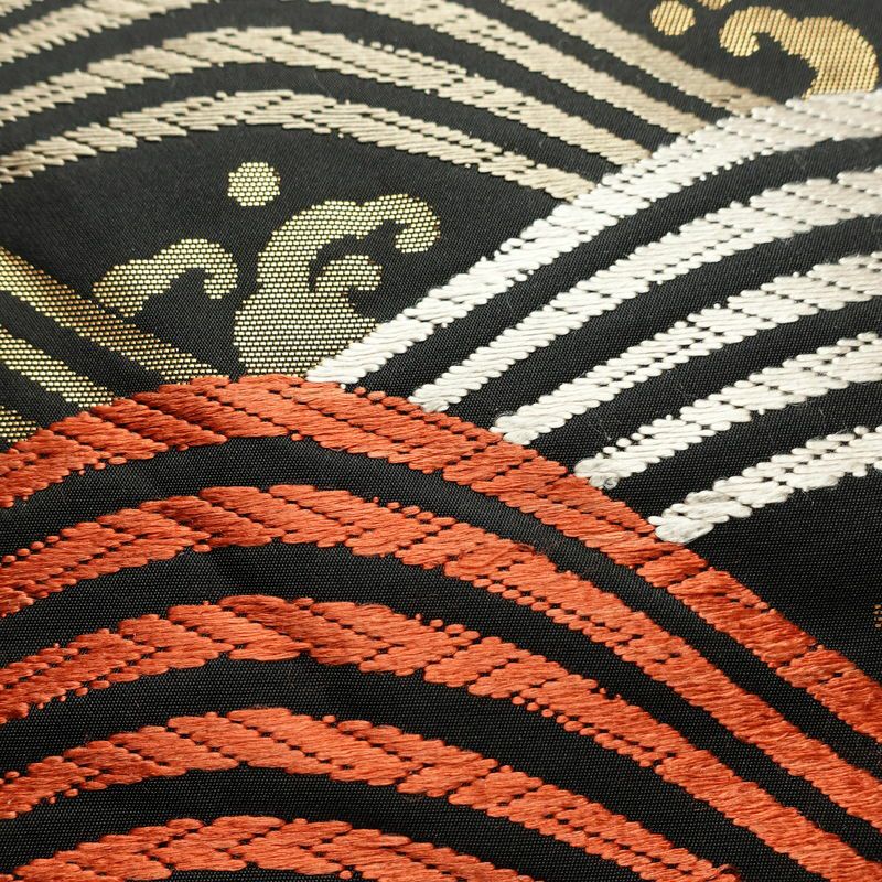 名古屋帯 六通柄 正絹 流水・波柄 通し仕立て なごや帯 リサイクル帯 帯 箔 黒_画像4