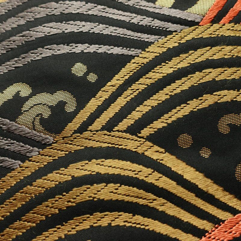 名古屋帯 六通柄 正絹 流水・波柄 通し仕立て なごや帯 リサイクル帯 帯 箔 黒_画像6