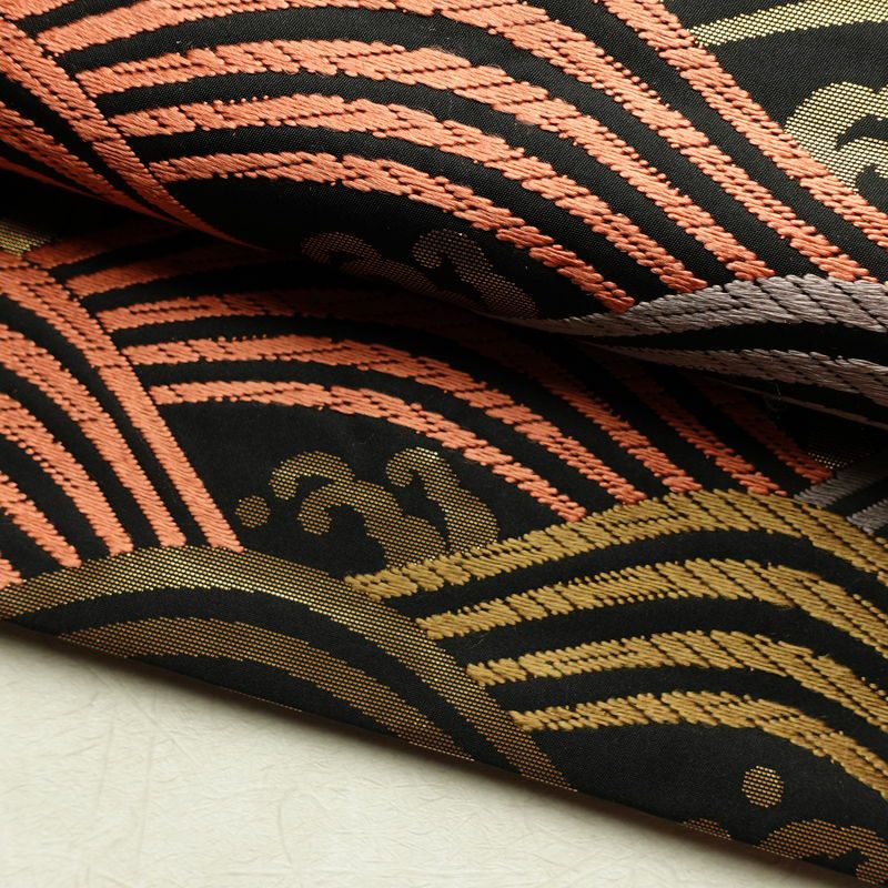 名古屋帯 六通柄 正絹 流水・波柄 通し仕立て なごや帯 リサイクル帯 帯 箔 黒_画像7