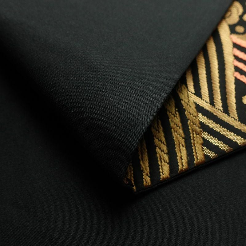 名古屋帯 六通柄 正絹 流水・波柄 通し仕立て なごや帯 リサイクル帯 帯 箔 黒_画像10