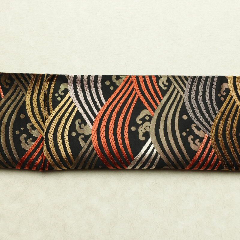名古屋帯 六通柄 正絹 流水・波柄 通し仕立て なごや帯 リサイクル帯 帯 箔 黒_画像15